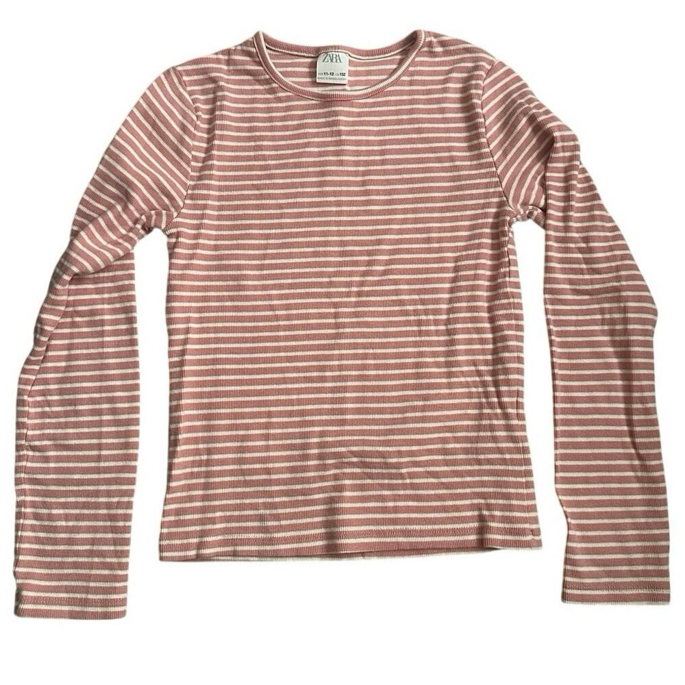 Zara Pink & White Striped Longsleeve Shirt 11-12 Girls Top EUC